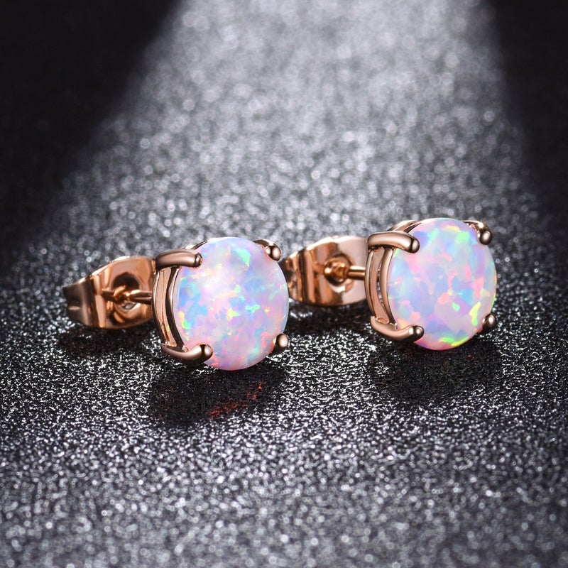 CERSLIMO Multi Colors fire Opal Stud Earrings Birthstone Earrings For Women 8mm (Rose Gold) - Image 3